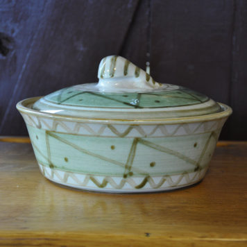 ohn B Taylor Signed Covered Casserole in Green, Cream and Pear