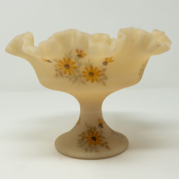 Fenton Satin Custard Glass Ruffled Compote on Stand with Black Eyed Susans Hand Painted and Signed by Ellen McGregor at Bowditch Antiques and Collectibles