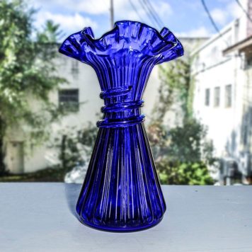 Fenton Cobalt Blue Wheat with Ruffled Edge Vase (1983-84) at Bowditch Antiques and Collectibles